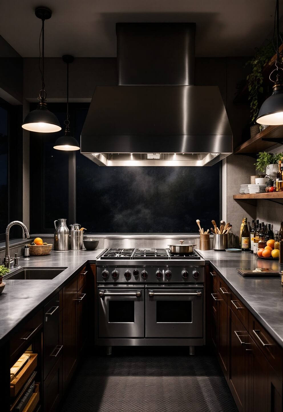 Professional-grade commercial kitchen at night with overhead industrial lighting, custom zinc hood, pull-out spice racks, stainless steel counters, and diamond-patterned rubber floor tiles, shot from chef's perspective.