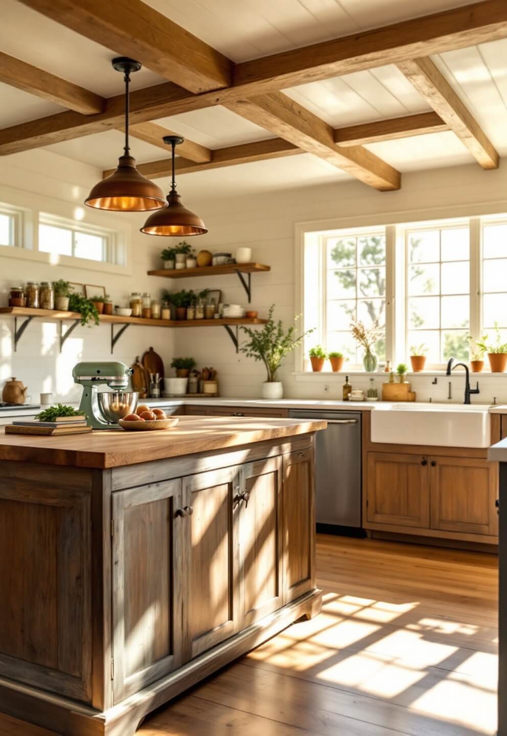 Country kitchen with honey-colored oak beams, vintage wooden island, open shelving with mason jars, and terracotta herb pots lit by golden sunlight through mullioned windows