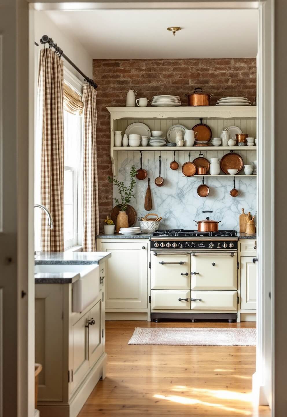 Early morning light illuminating a farmhouse kitchen with gingham curtains, distressed antique hutch displaying china, vintage cream range cooker and hanging copper pots.