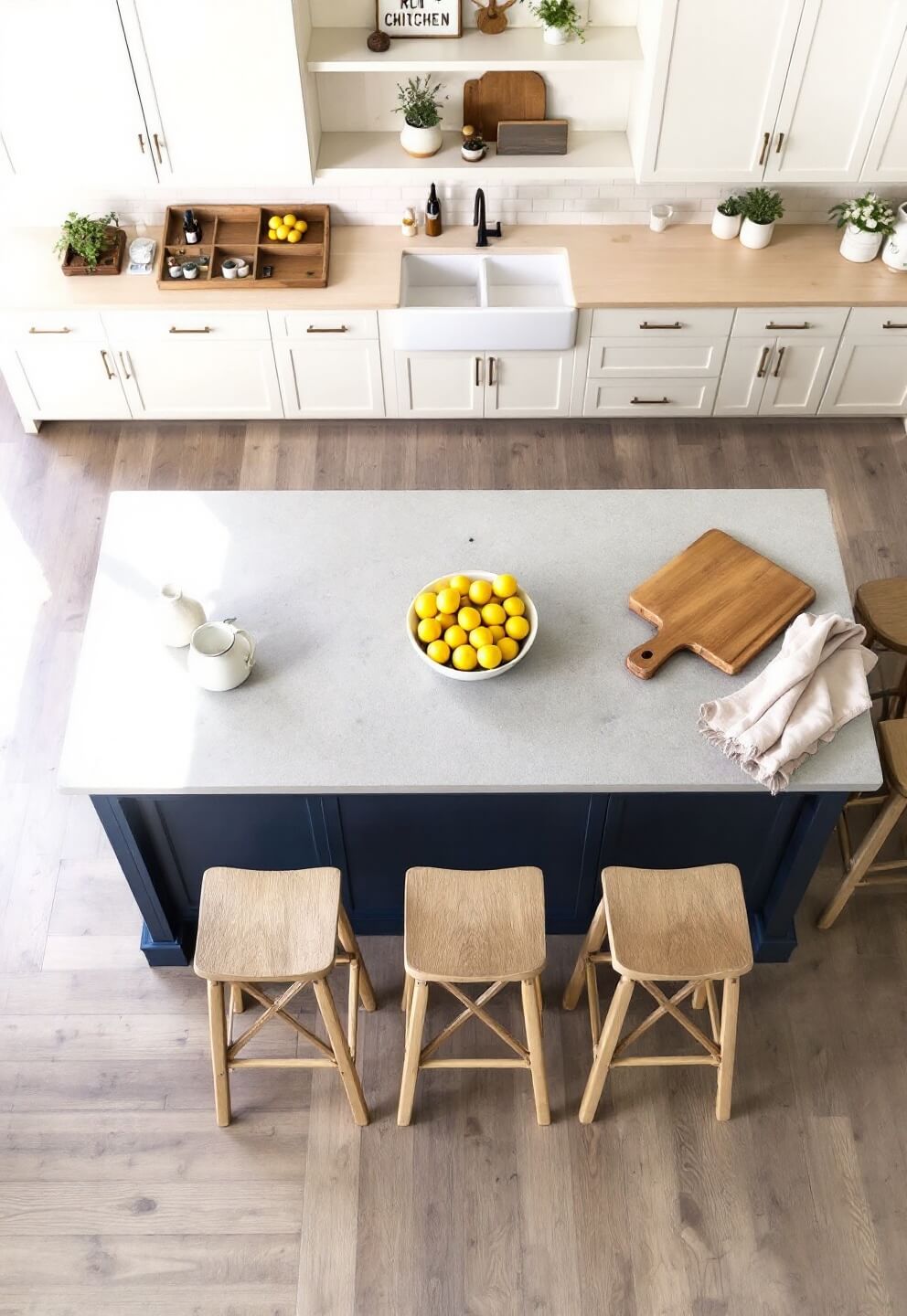 Overhead shot of a country kitchen with a sizable navy blue island with gray soapstone top, cream cabinetry, farmhouse sink, vintage enamel sign, and details like wooden stools, cutting boards, and a bowl of lemons, lit by natural side lighting.