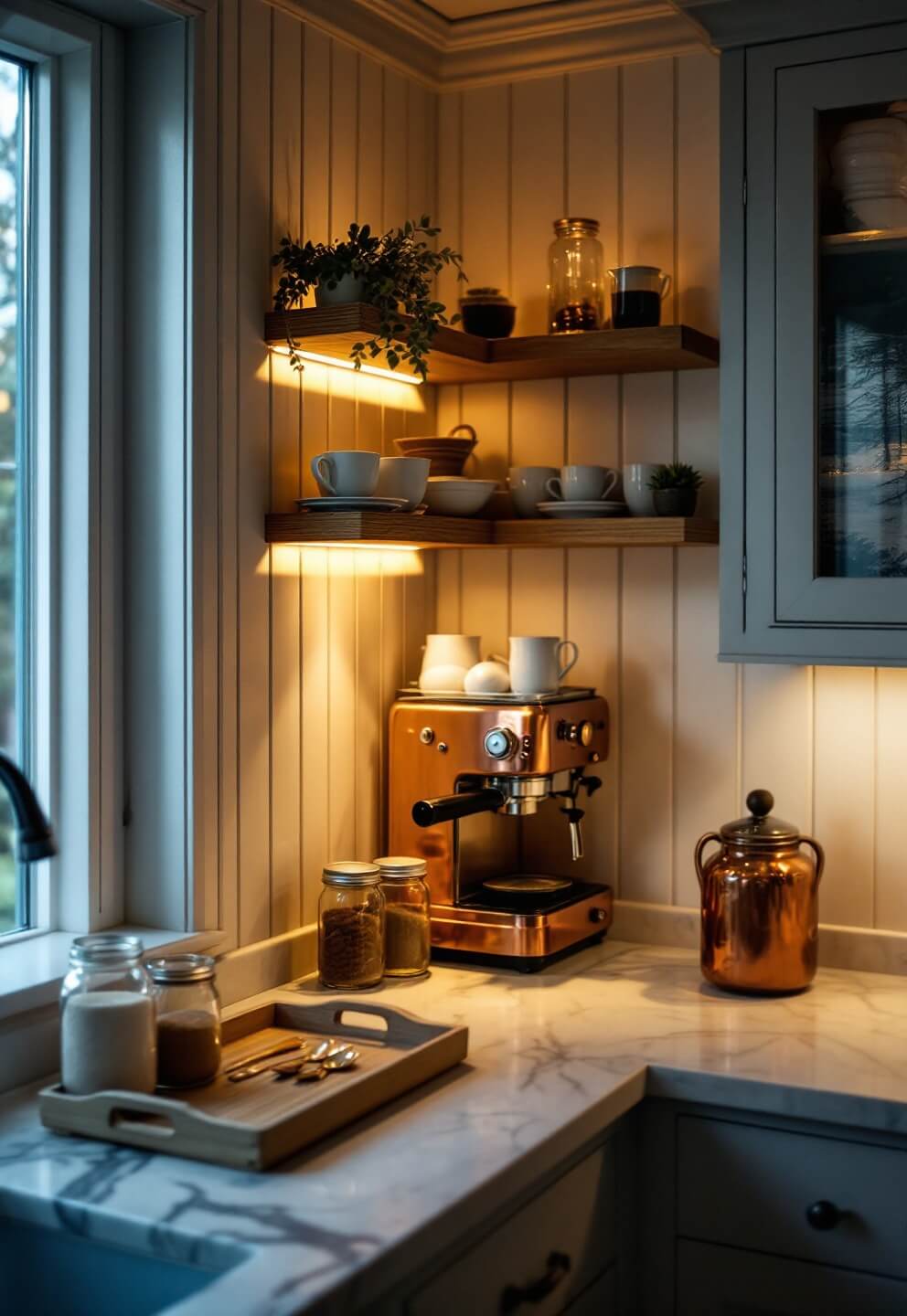 Moody morning ambiance in a country kitchen's coffee station, featuring a copper espresso machine, white mugs on wooden shelves, and marble counter with mason jars filled with sugar