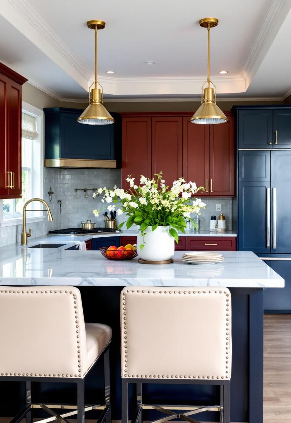 Welcoming transitional kitchen in soft morning light, featuring rich red-brown cabinets, navy blue island with marble counters, mixed metal fixtures, cream leather barstools, and geometric pendant lights, all under a detailed tray ceiling.