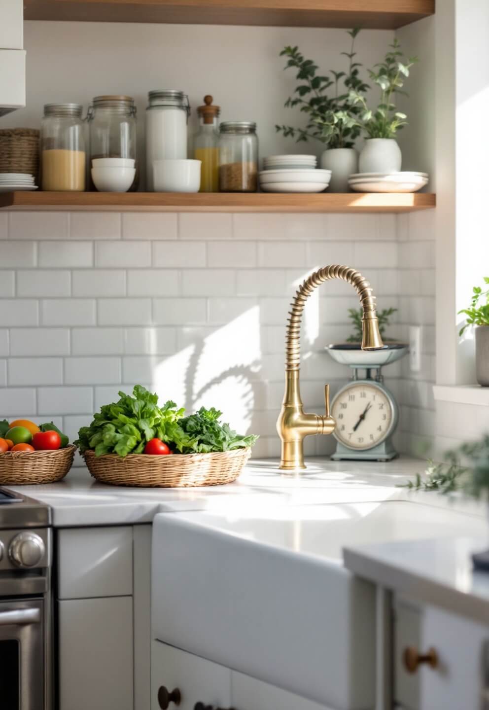 Mid-morning sunlight illuminating fresh vegetables on a white marble countertop in a kitchen, with a vintage scale, and farmhouse sink against white subway tiles, and open shelving filled with kitchen essentials in glass containers and white pottery.