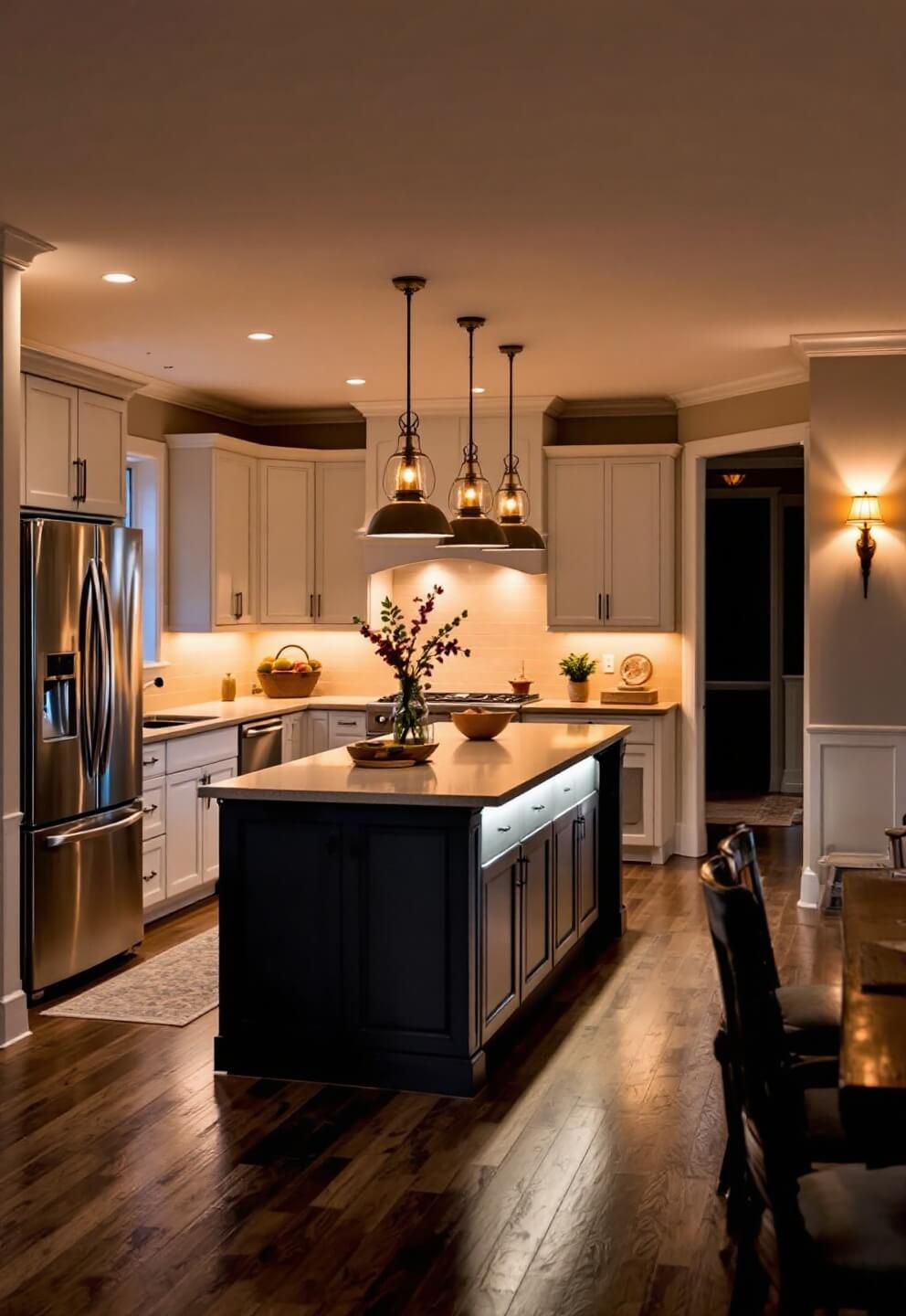 Custom cream-colored kitchen with layered lighting and dining nook at dusk