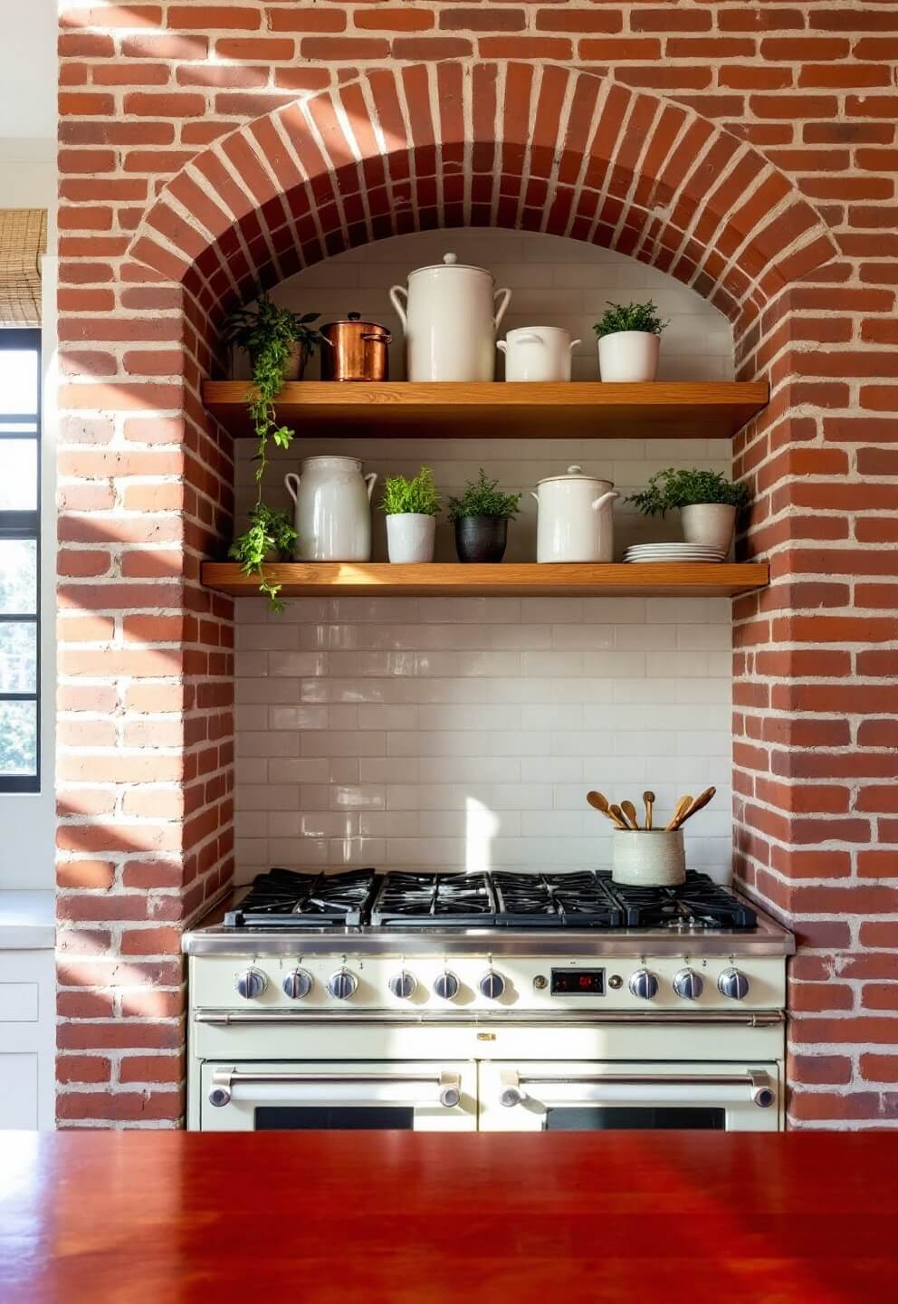 Professional-grade cream enamel range under arched brick opening with ceramic and copper cookware on wooden shelves, highlighted by natural light and shadows at midday