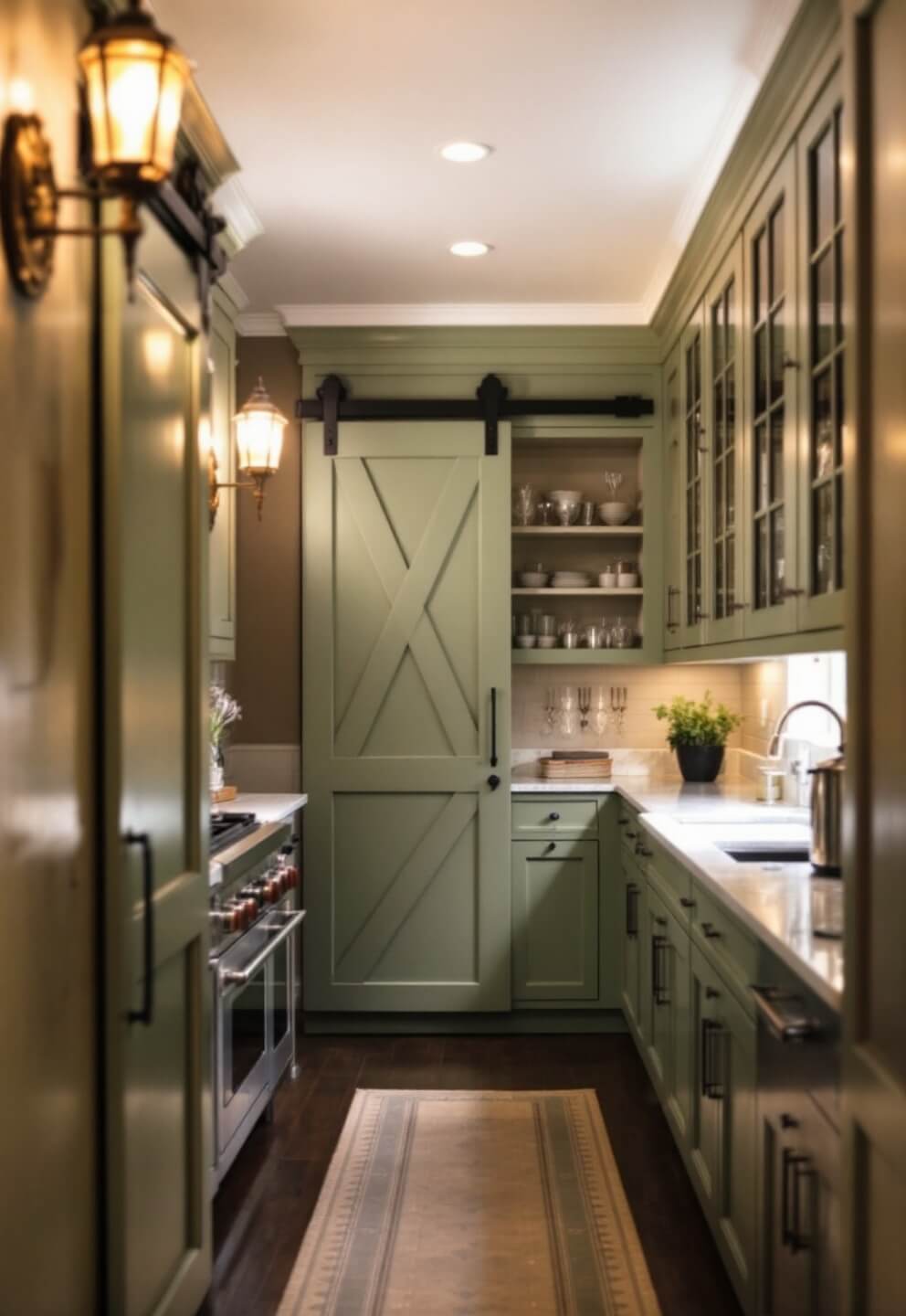 Butler's pantry with sage green cabinetry, marble workspace, crystal and silver displayed in glass cabinets, vintage sconces and rustic barn door in moody artificial lighting.