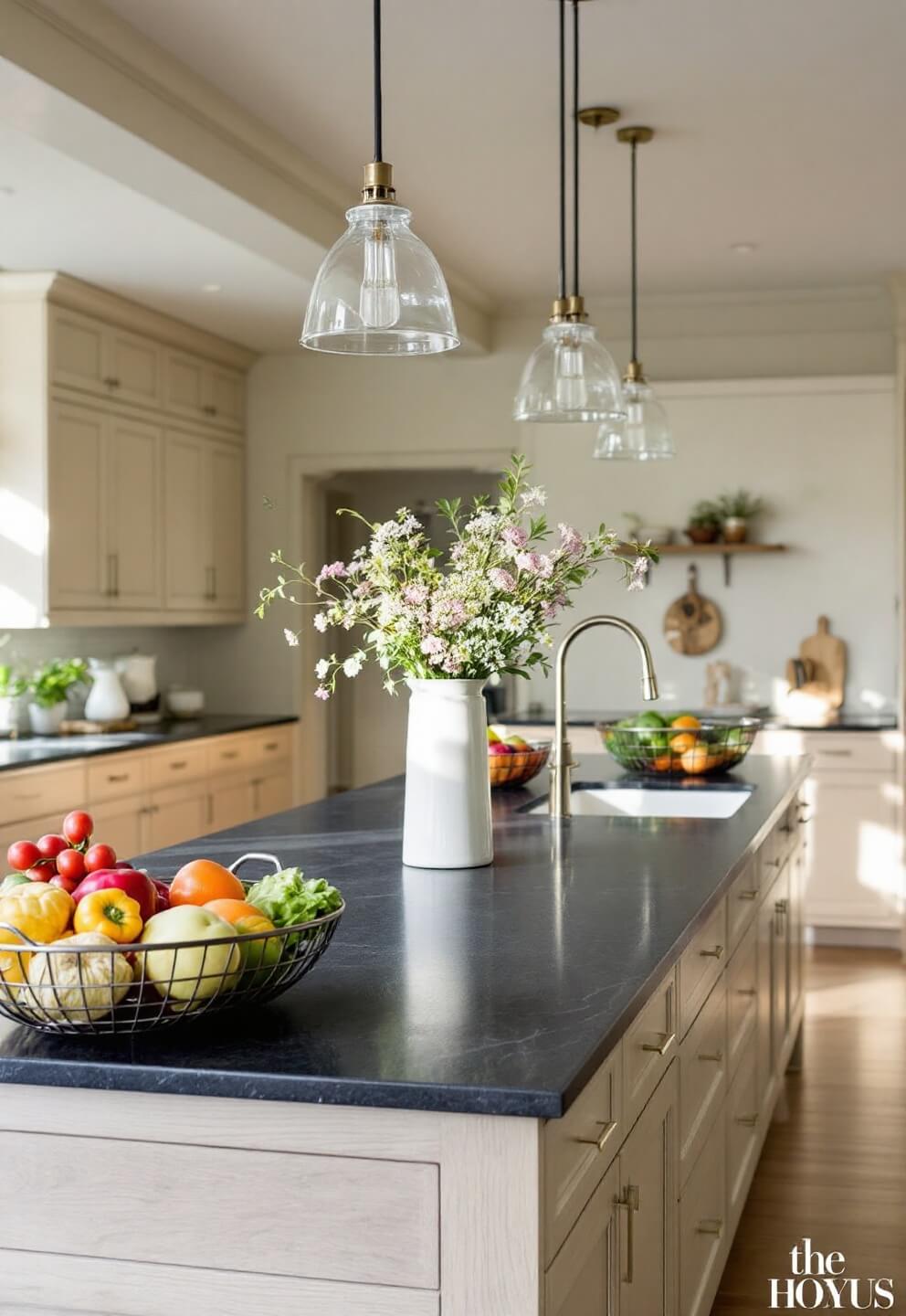 Morning light illuminating a 12ft kitchen island with white oak cabinetry and dark soapstone countertop, adorned with wire baskets of produce and wildflowers in a white vase, under three pendant lights.