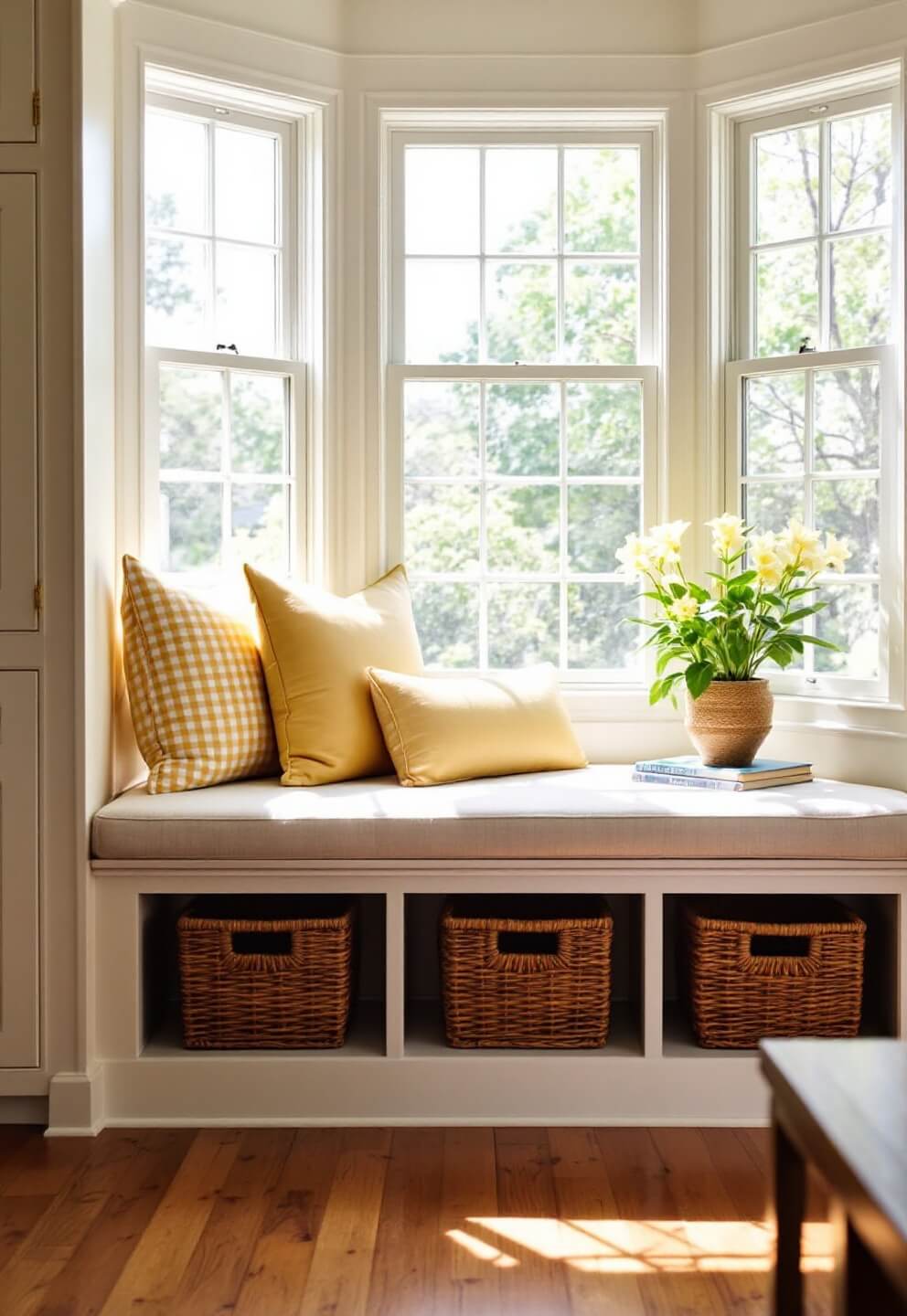 Sunny window seat nook with yellow gingham cushions, built-in storage, and woven baskets in cubbies, shallow depth of field with bright natural lighting