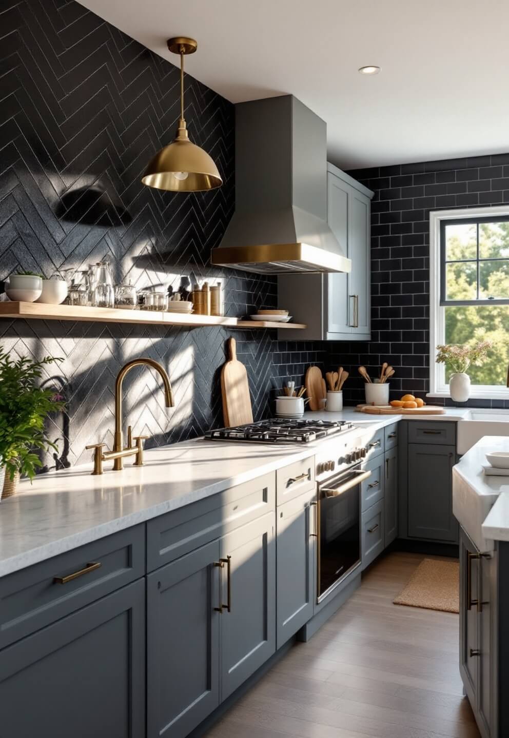 Modern kitchen interior with black subway tile backsplash, brass fixtures, and white quartz countertops in the afternoon sunlight