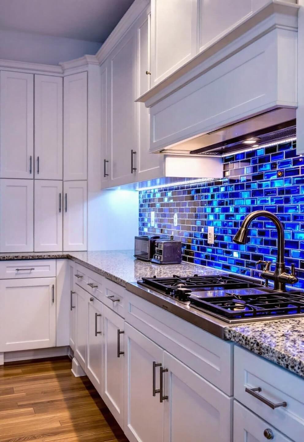 Compact galley kitchen with iridescent glass tile backsplash shifting colors from pearl to azure under cabinet LED lighting, surrounded by white shaker cabinets, pictured at twilight blue hour.