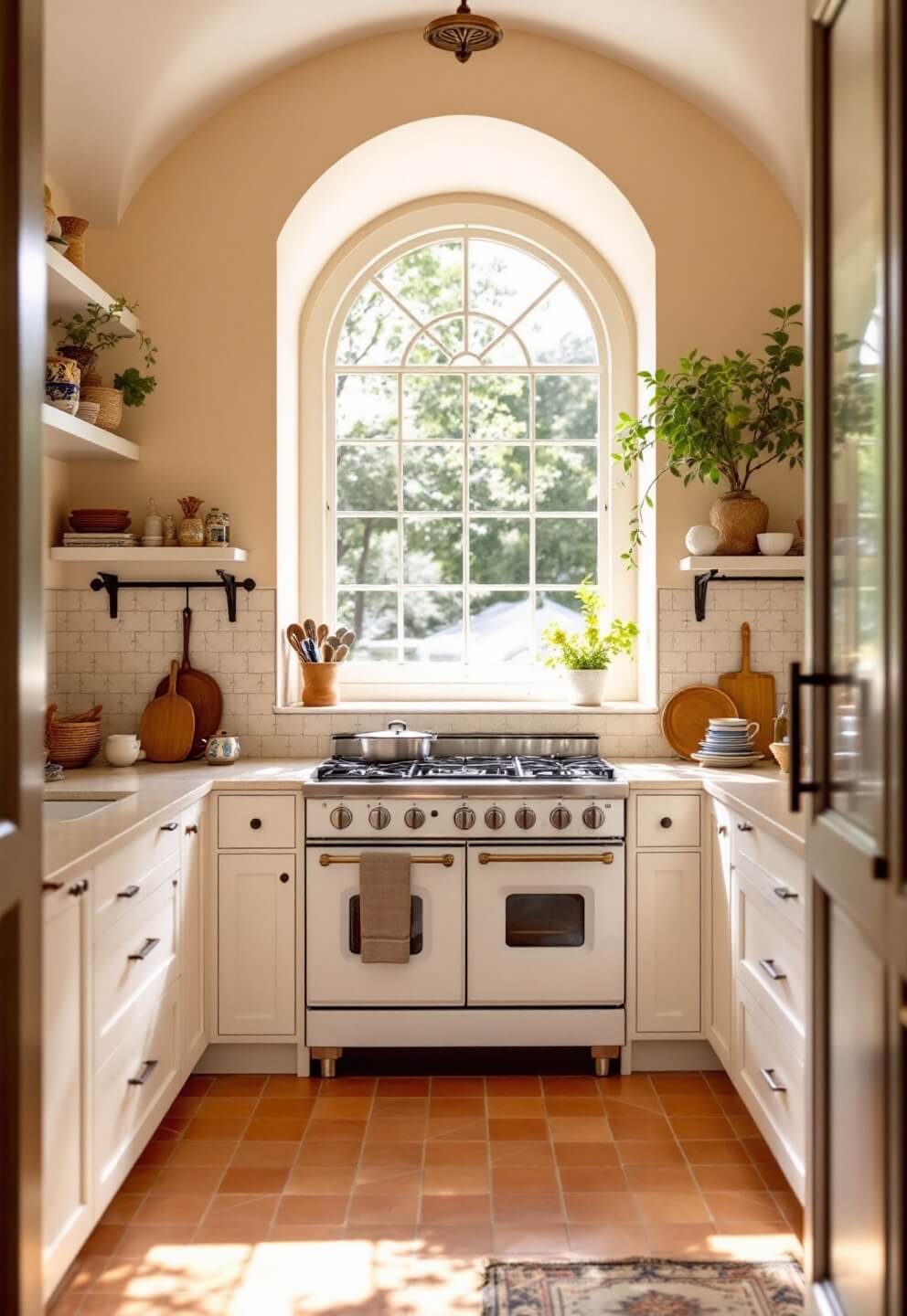 Mediterranean-inspired kitchen bathed in midday sun featuring cream arabesque wall tiles, terracotta floor tiles, a wrought iron pot rack, and a large arched window, captured from the doorway with wide shot.