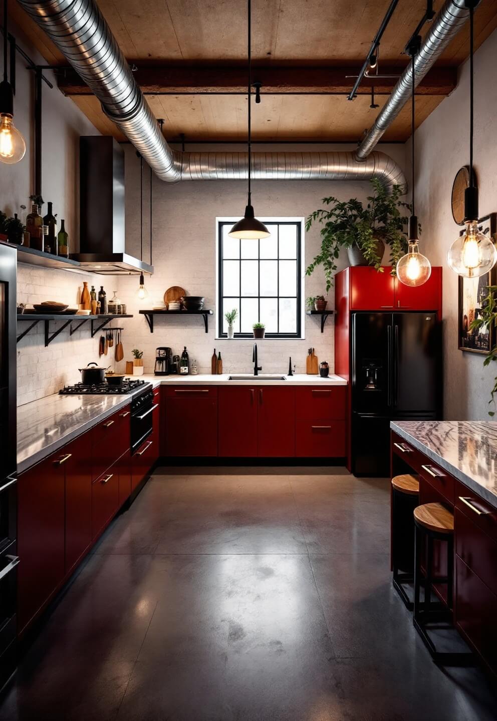 Aerial view of a bold, urban industrial-modern kitchen at dusk featuring crimson red metal cabinets with black framework, stainless steel counters and appliances, exposed ductwork, Edison bulb lighting, and concrete floors with subtle pattern, illuminated by dramatic shadowing and targeted accent lights.