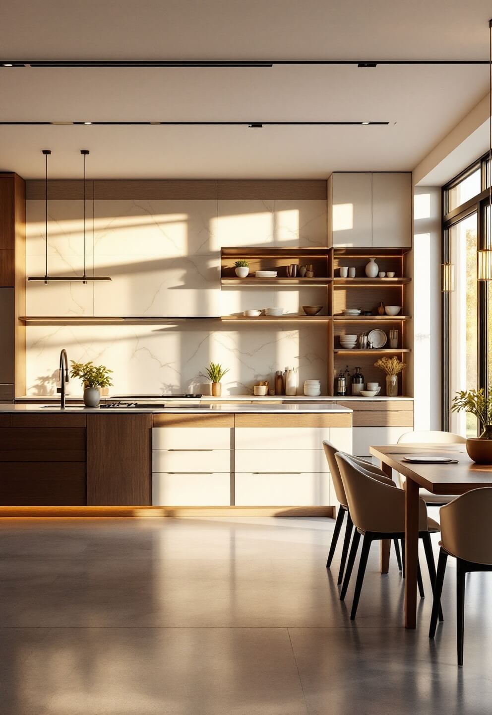 Contemporary open-plan kitchen with white stone slab backsplash, integrated appliances, walnut floating shelves, pendant lighting, and sunset glow during the golden hour