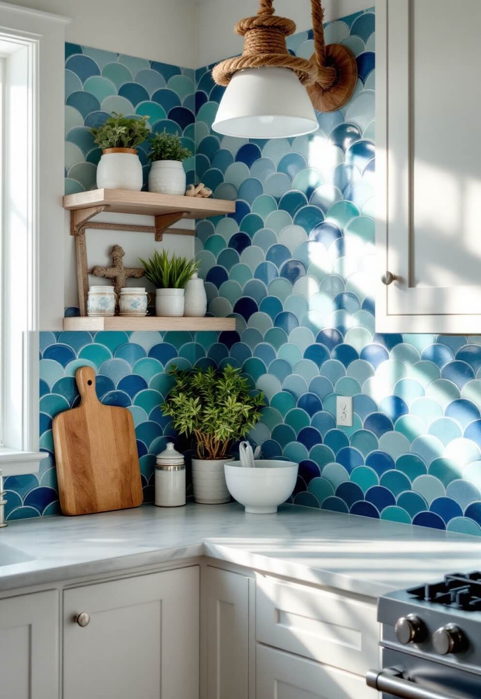 Blue-green fish scale tiles in a coastal-themed kitchen with morning light, white cabinets, rope pendant lights, and driftwood accents