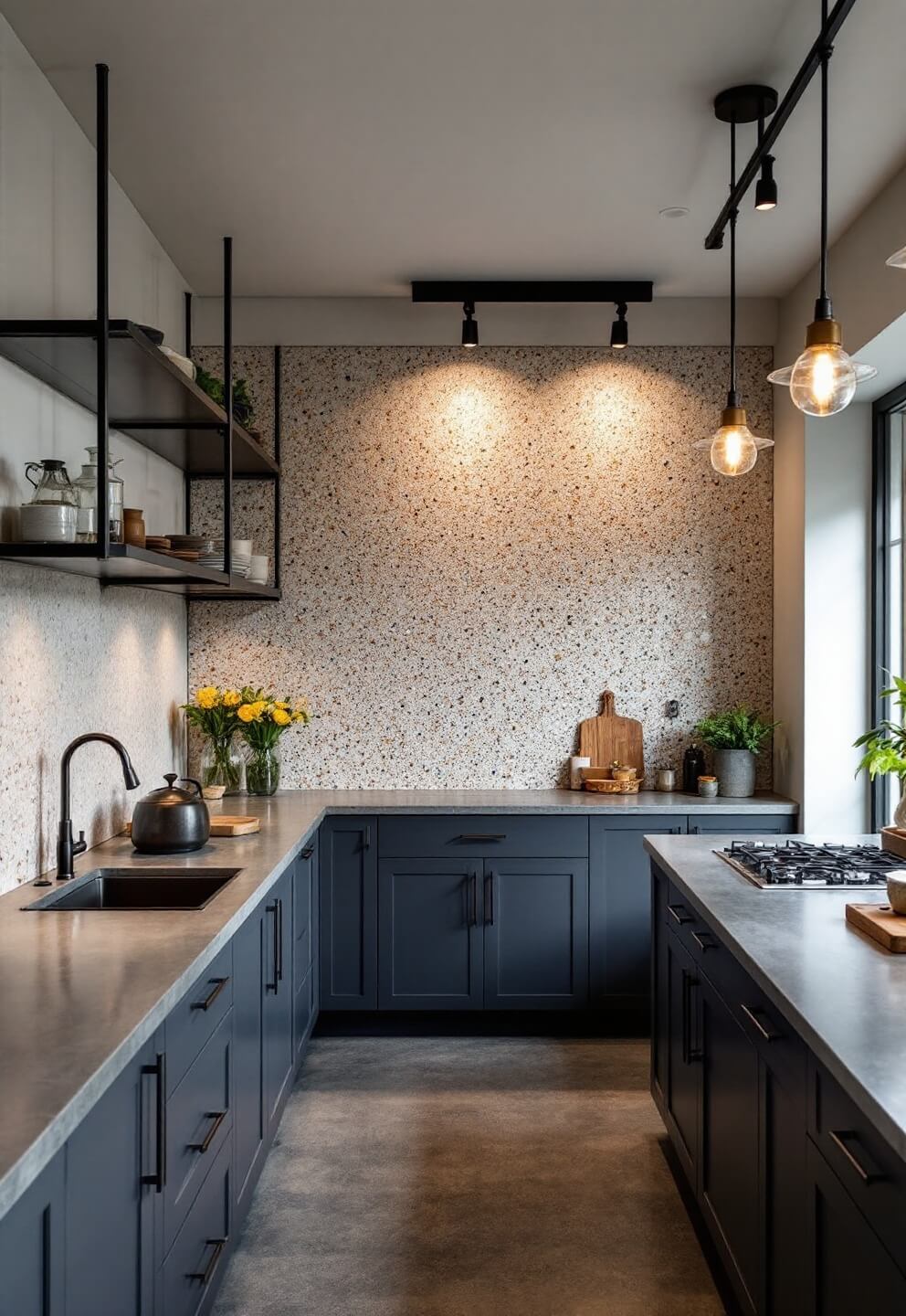 Modern industrial kitchen with artificial evening lighting, terrazzo backsplash with brass inlays, black metal shelving on a 12ft wall, concrete countertops, and steel appliances under multiple grid lights