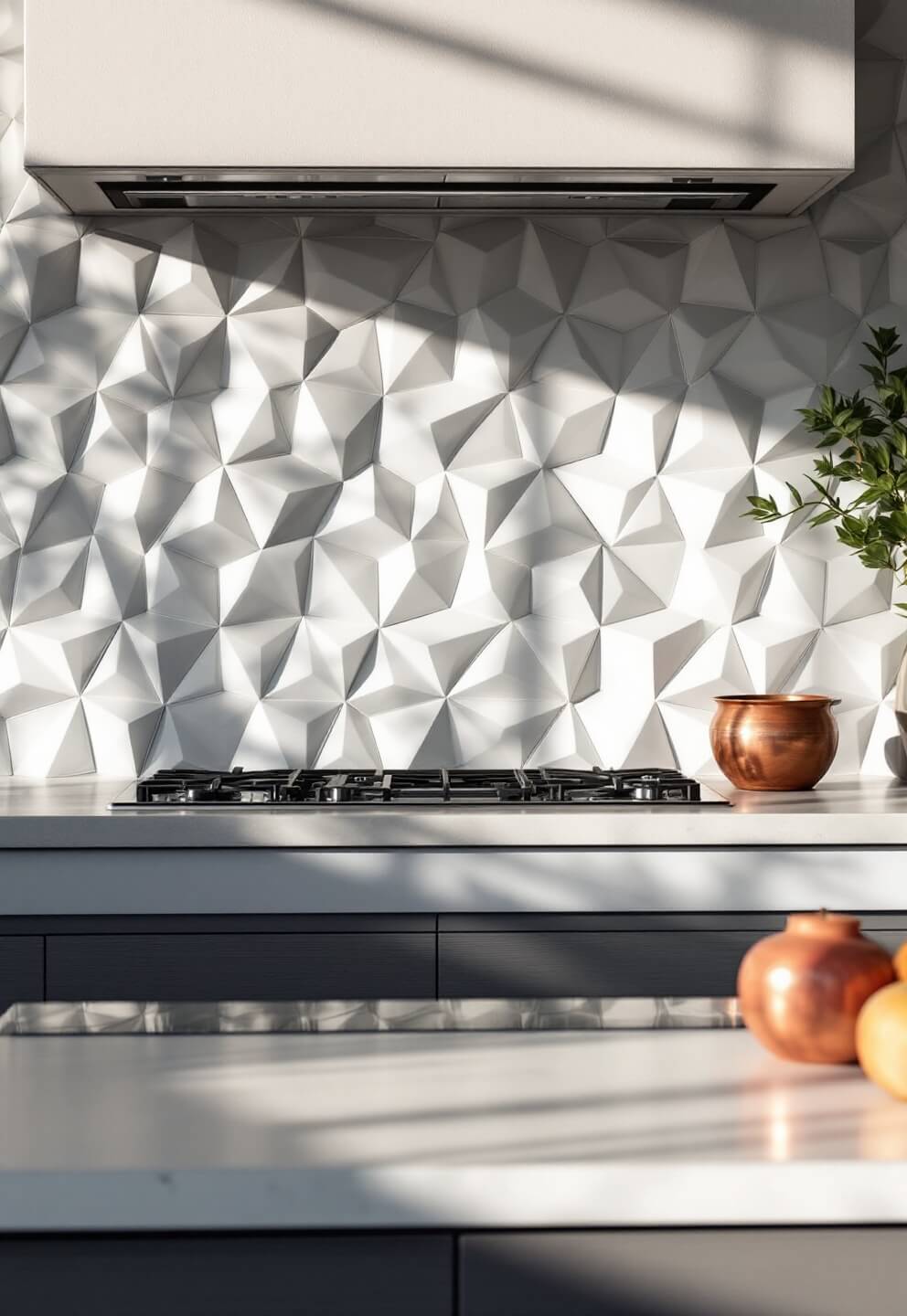 3D geometric ceramic tiles feature panel in soft grey with afternoon light shadows in a minimalistic kitchen, highlighting a single copper vessel under a floating hood