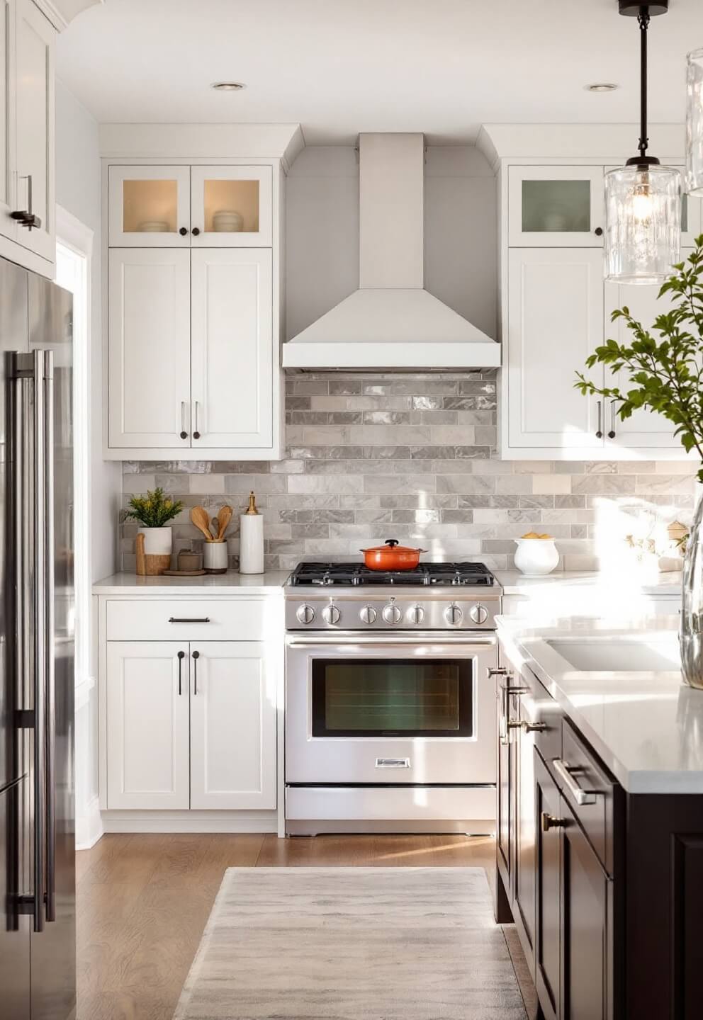 Transitional kitchen with honed marble and mirror tile backsplash, white cabinetry, crystal pendants reflecting light, and natural window light in early morning.