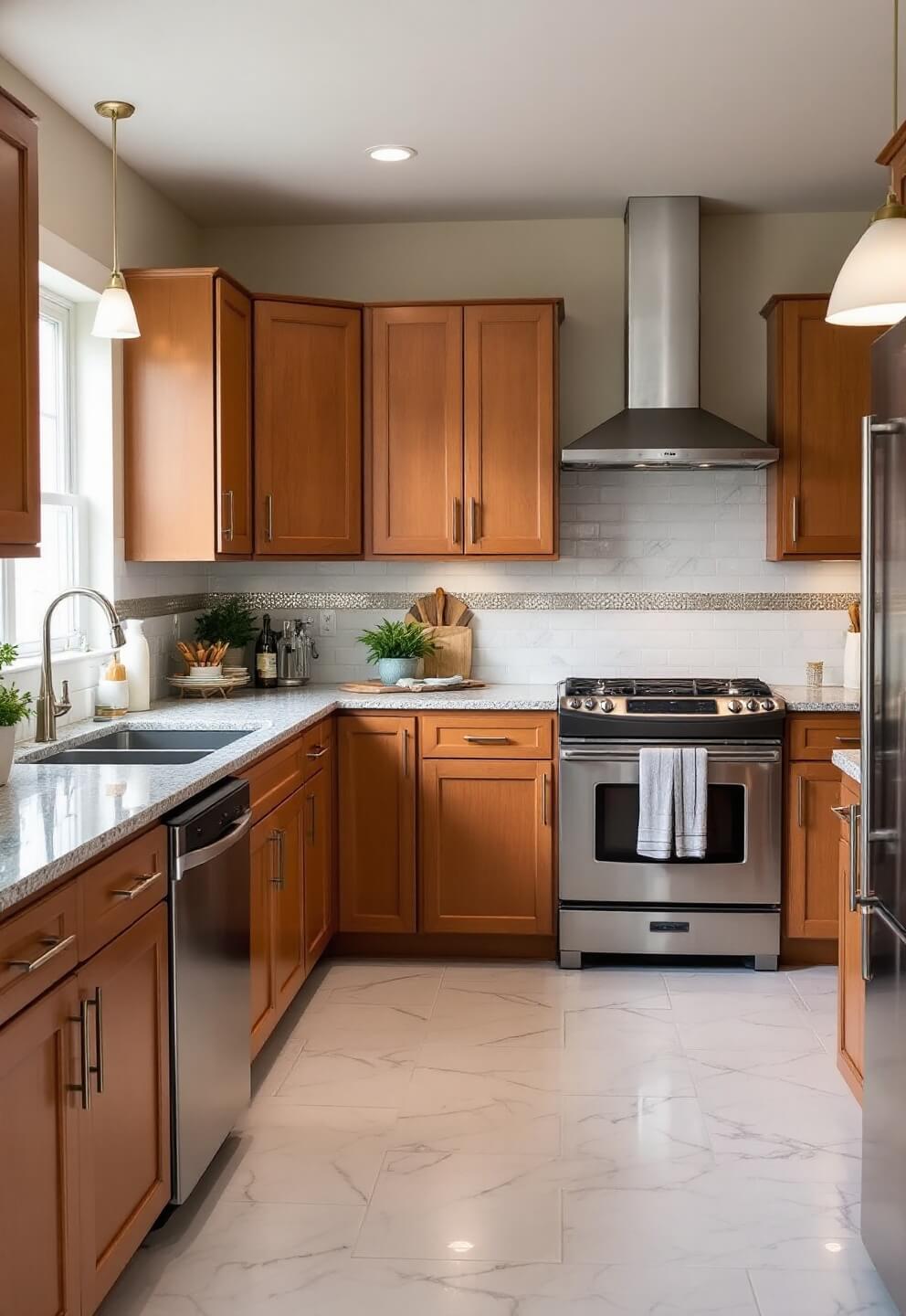 Midday view of a budget-friendly kitchen makeover featuring warm wood cabinets, high-end tiles in cooking zone and sleek porcelain marble-look tiles with metallic accent strip in an 8x10ft space