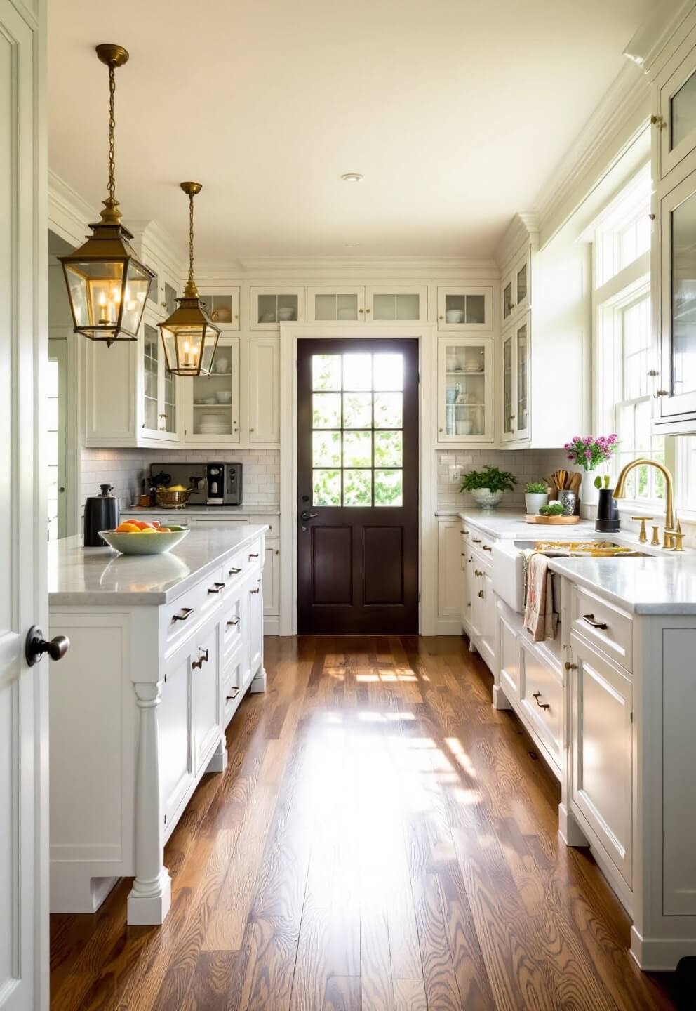 Traditional 12x15ft kitchen with morning light, walnut floors, cream cabinets, marble-top island, brass lantern pendants, and vintage copper cookware in glass-front cabinets