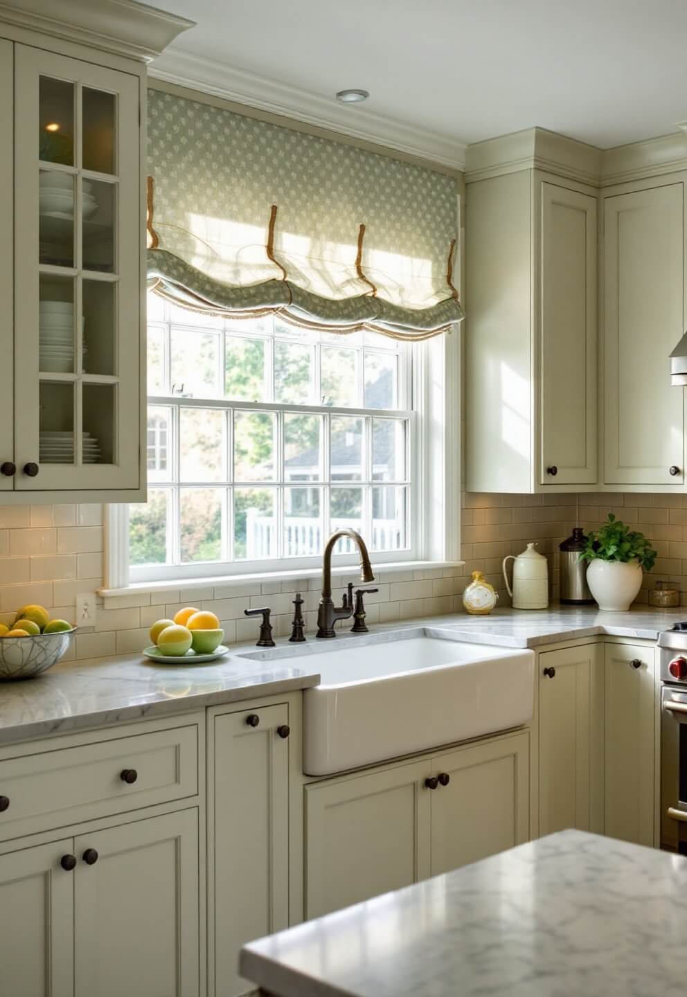 Classic L-shaped kitchen with cream and sage green palette, glass-paneled cabinets, farmhouse sink beneath a bay window, marble countertops, subway tile backsplash, and professional-grade range with custom hood