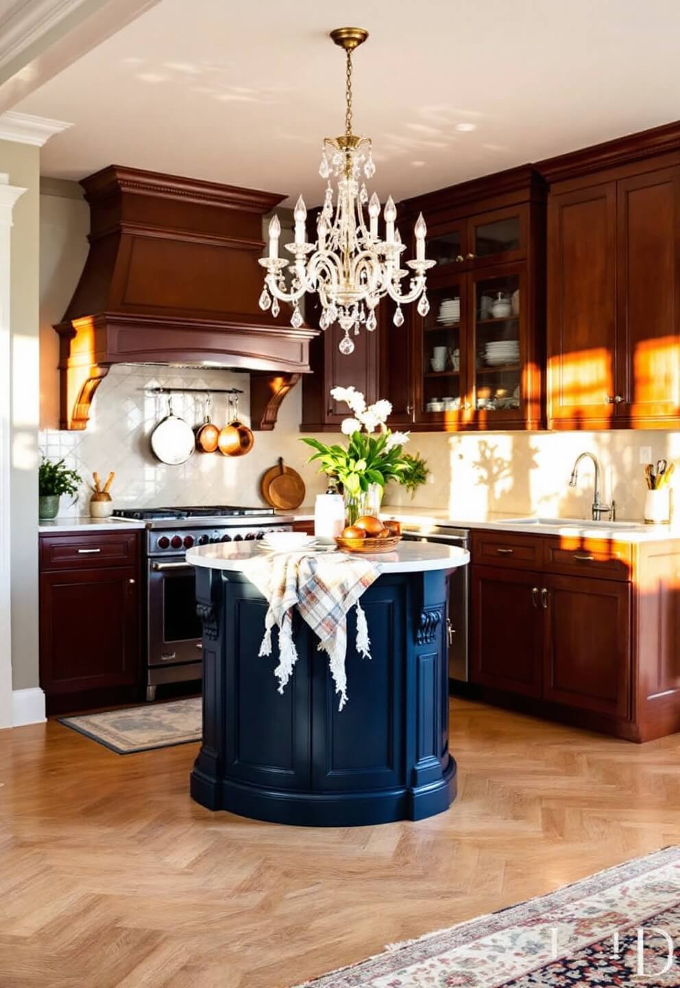 Elegant kitchen with cherry cabinets, white marble countertops, navy island base, copper pots on ceiling rack, crystal chandelier over breakfast nook, herringbone hardwood floors and traditional rug at golden hour