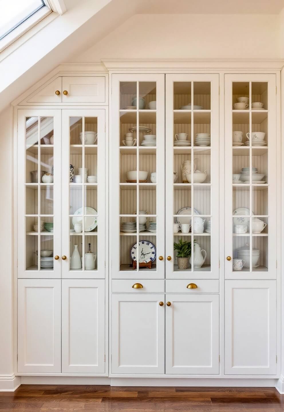 Intimate morning scene in a built-in butler's pantry with glass-front cabinets displaying heritage china collections, illuminated by natural skylight with visible patina on unlacquered brass hardware, showcasing organization and display techniques.