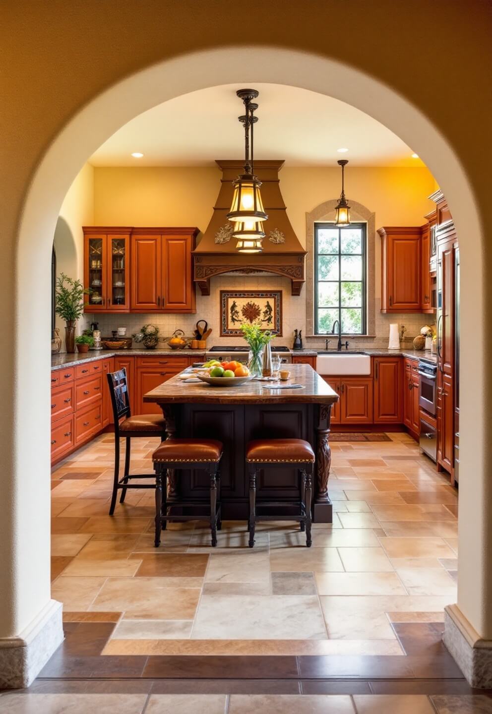 Bright and inviting Mediterranean kitchen in the afternoon, featuring red terra cotta cabinets with handpainted tiles, limestone counters and floors, carved wooden island with leather stools, and unique details of wrought iron and copper accents.