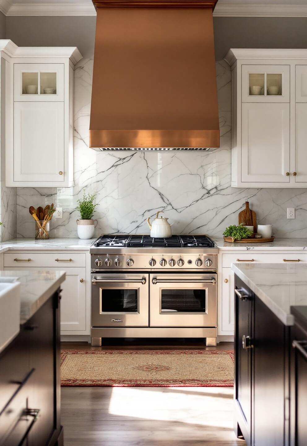 Classic white kitchen featuring a dark wood island, copper hood, marble backsplash, and farmhouse sink with potted herbs on the windowsill, under dawn light