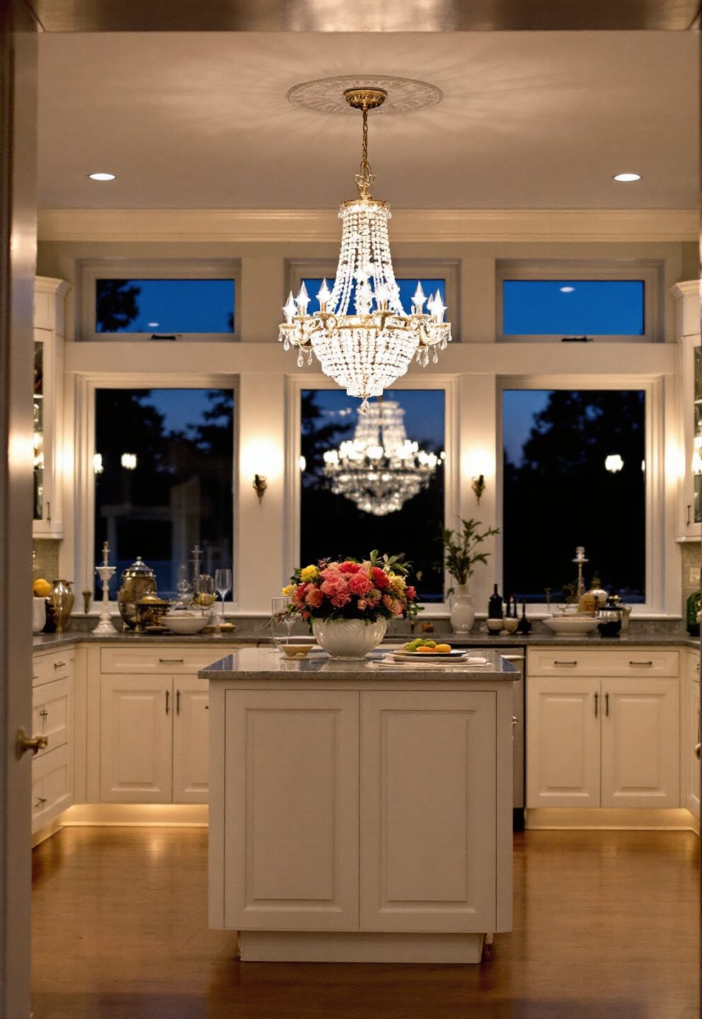 Dusk-lit kitchen with layered lighting, creamy white cabinets with glass uppers, vintage-style sconces flanking windows, and a crystal chandelier over island