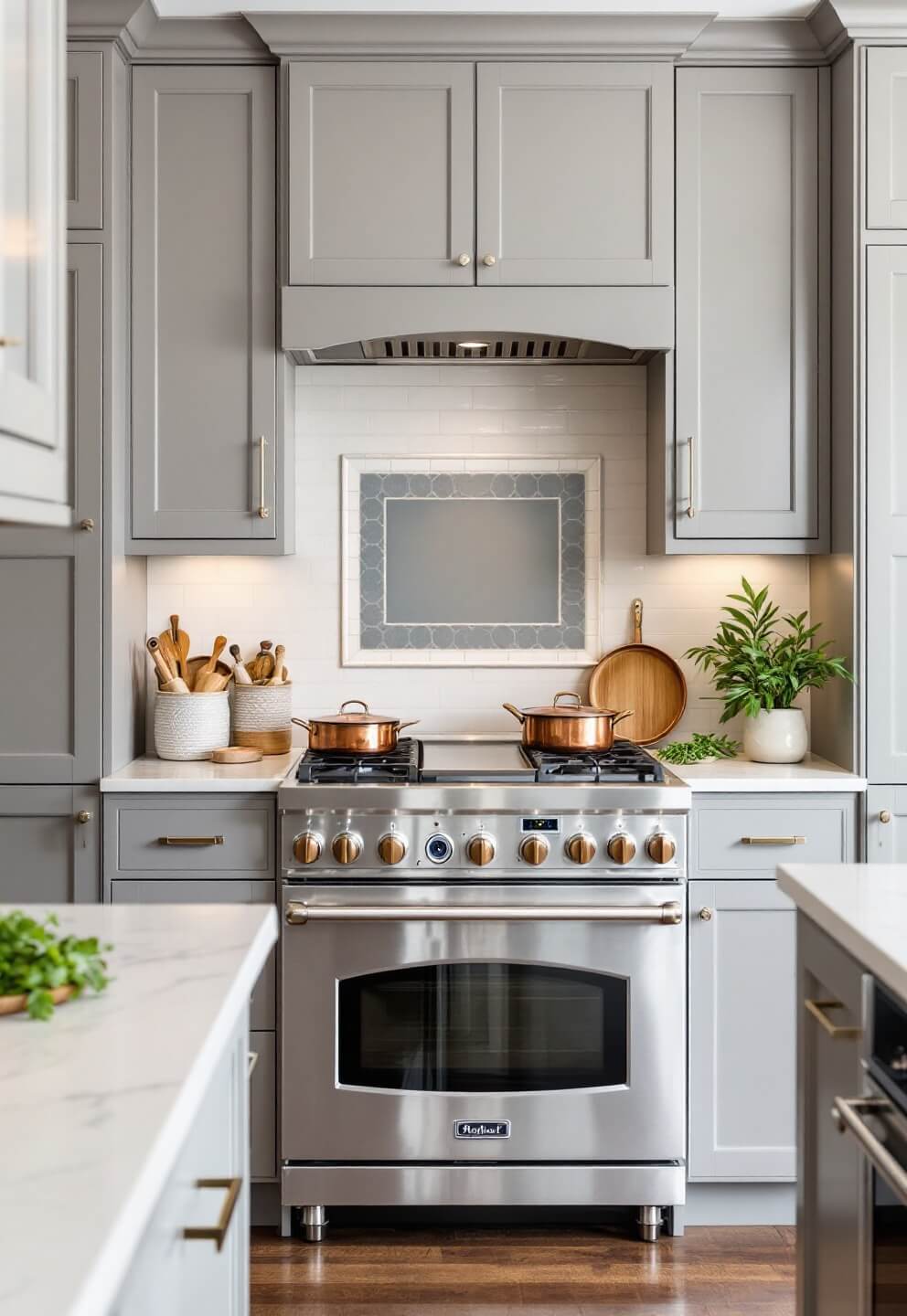 Professional kitchen with gray floor-to-ceiling cabinets, marble countertops, decorative tile backsplash and copper cookware, shot at a 45-degree angle