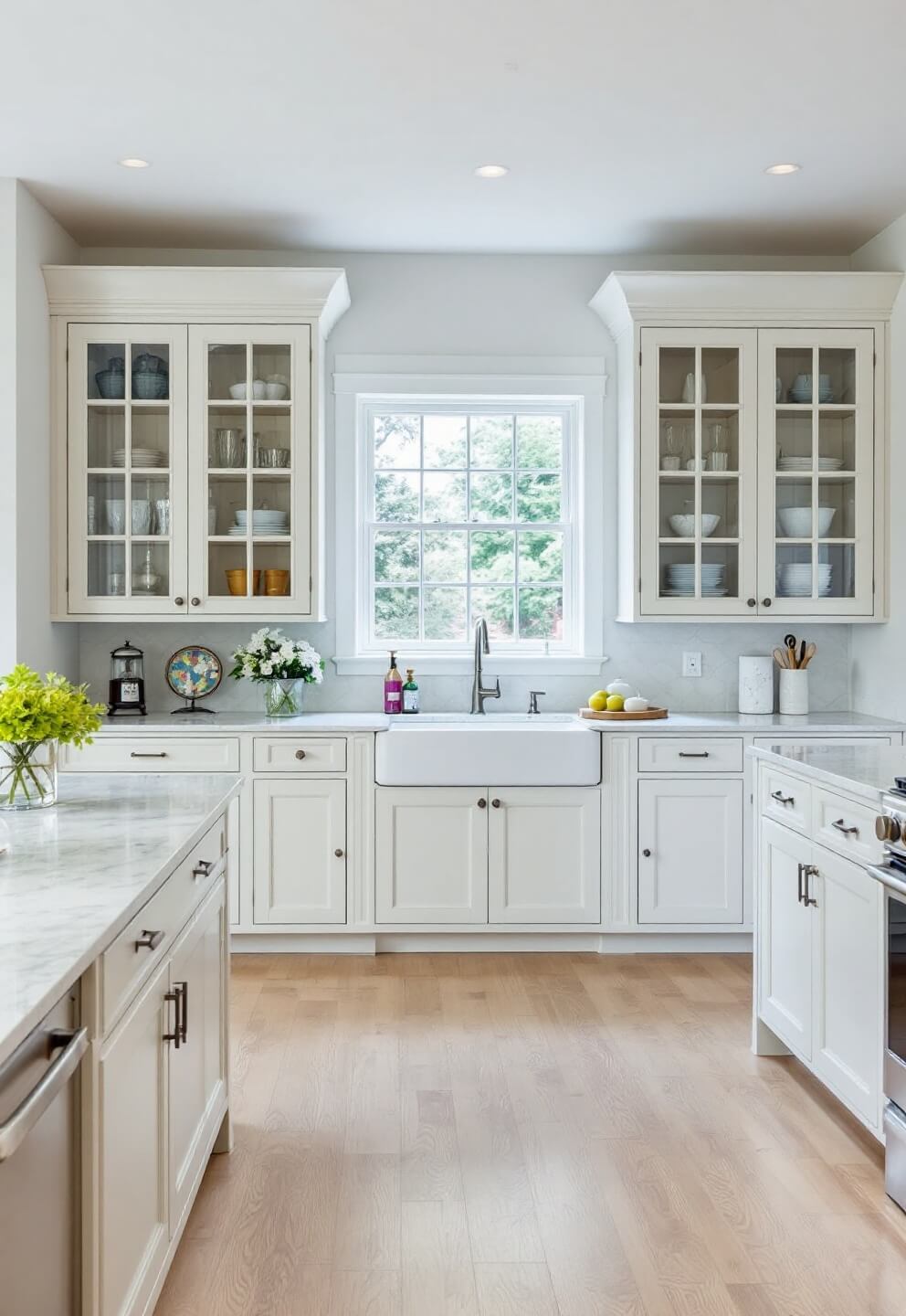 Bright kitchen with symmetrical layout, glass-front cabinets, central window, white oak floors, cream cabinets with pewter hardware, marble topped central island, in a midday setting.