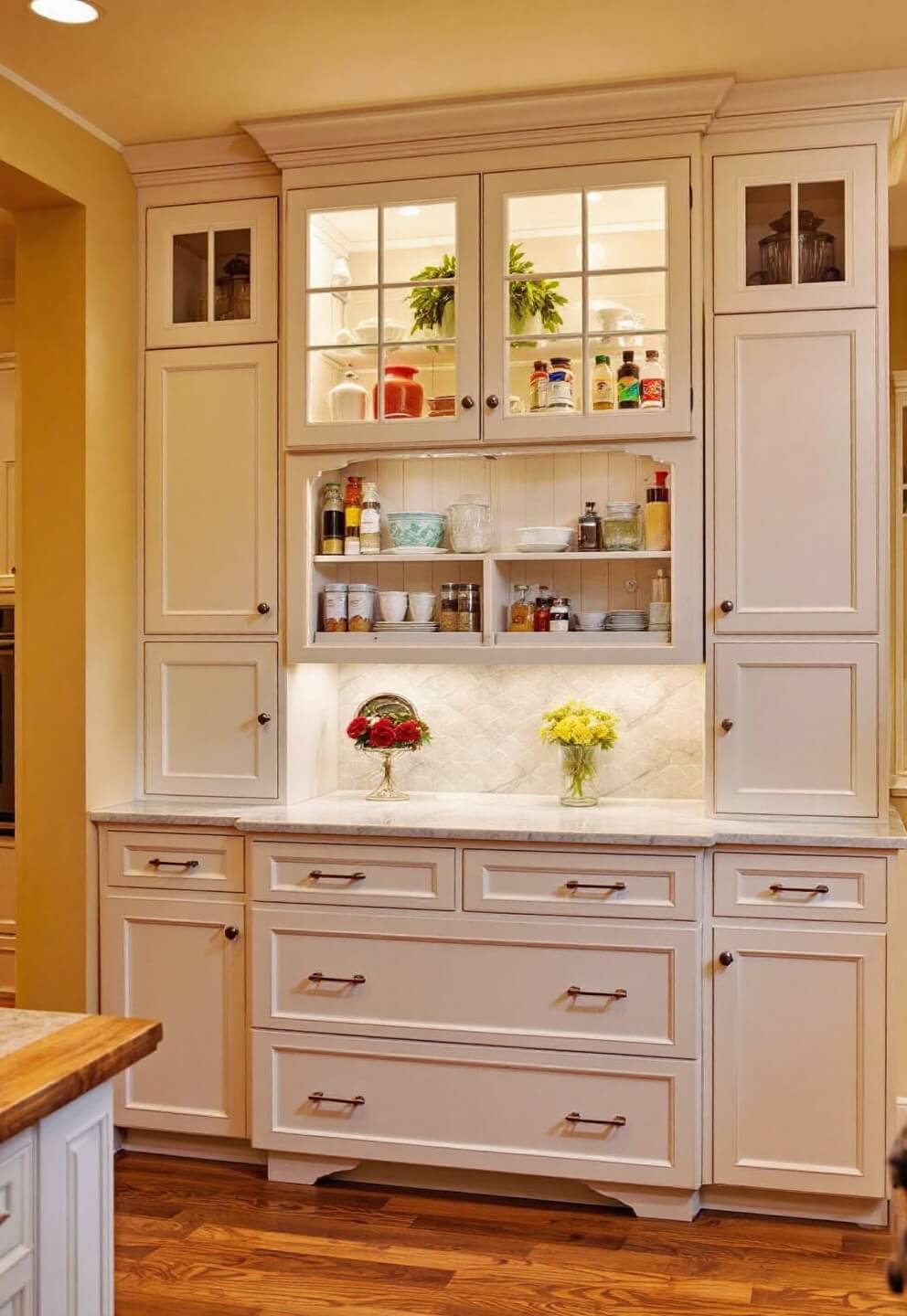 Evening view of a traditional kitchen with illuminated glass-front cabinets, deep drawers with custom organizers, built-in spice storage, and warm white cabinets with raised panels and crown molding reaching to the ceiling