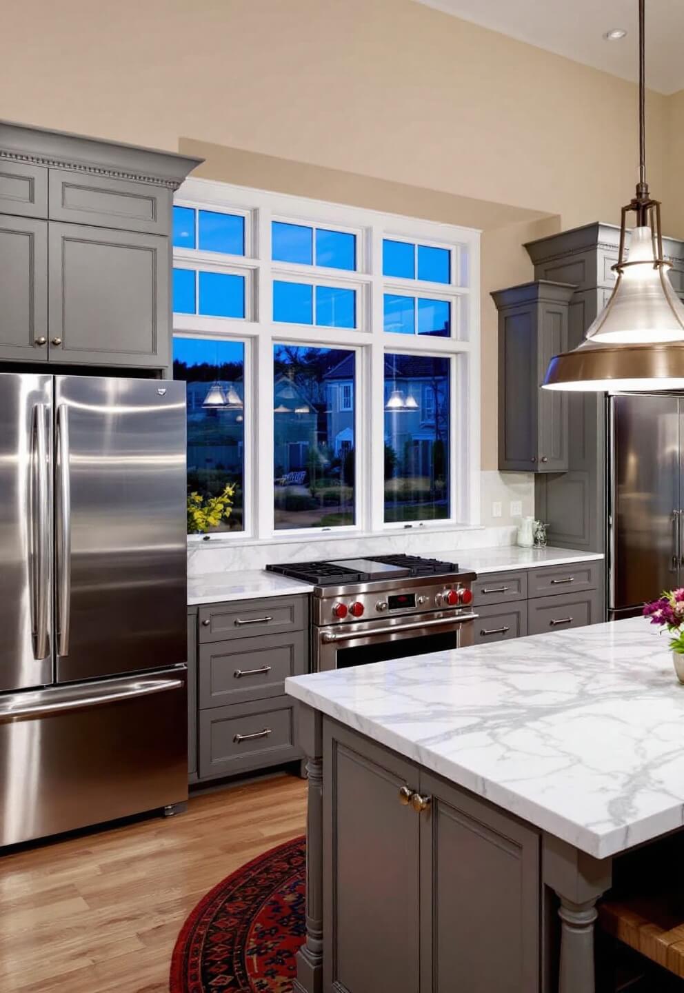 Modern-traditional fusion kitchen with stainless appliances, gray cabinets, contemporary pendant lights above marble-topped island and traditional elements like raised panels and crown molding at twilight