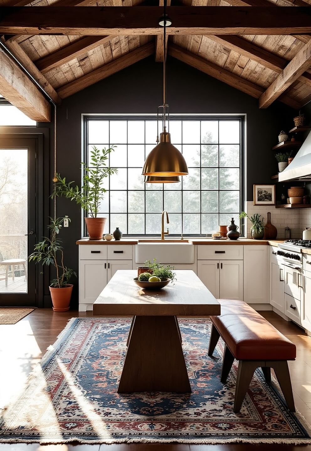 Sunlit open-concept kitchen-dining area with high ceilings, exposed beams, farmhouse sink, brass pendant lights, oak table, Persian rug, white cabinets, soapstone counters, and styled with artisanal ceramics and fresh herbs.