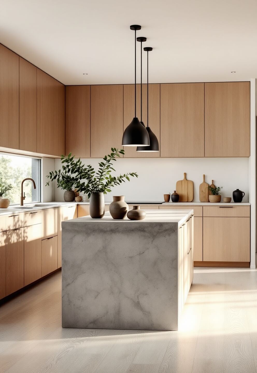 Bright and serene Japandi-style kitchen with minimalist oak cabinetry, concrete waterfall island, matte black pendant lights, and floor-to-ceiling windows letting in soft morning light.