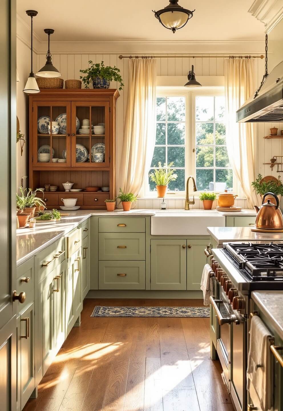 Sunlit country kitchen with sage green cabinets, farmhouse sink, soapstone counters, vintage maple hutch, and blue willow china, highlighted by natural and pendant light.