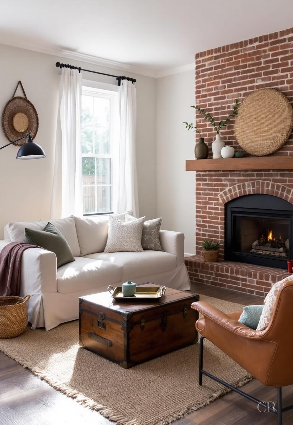 Intimate living room with white brick fireplace, cream sectional, distressed leather armchair, vintage trunk coffee table and white oak floors, lit by diffused afternoon light through linen curtains.