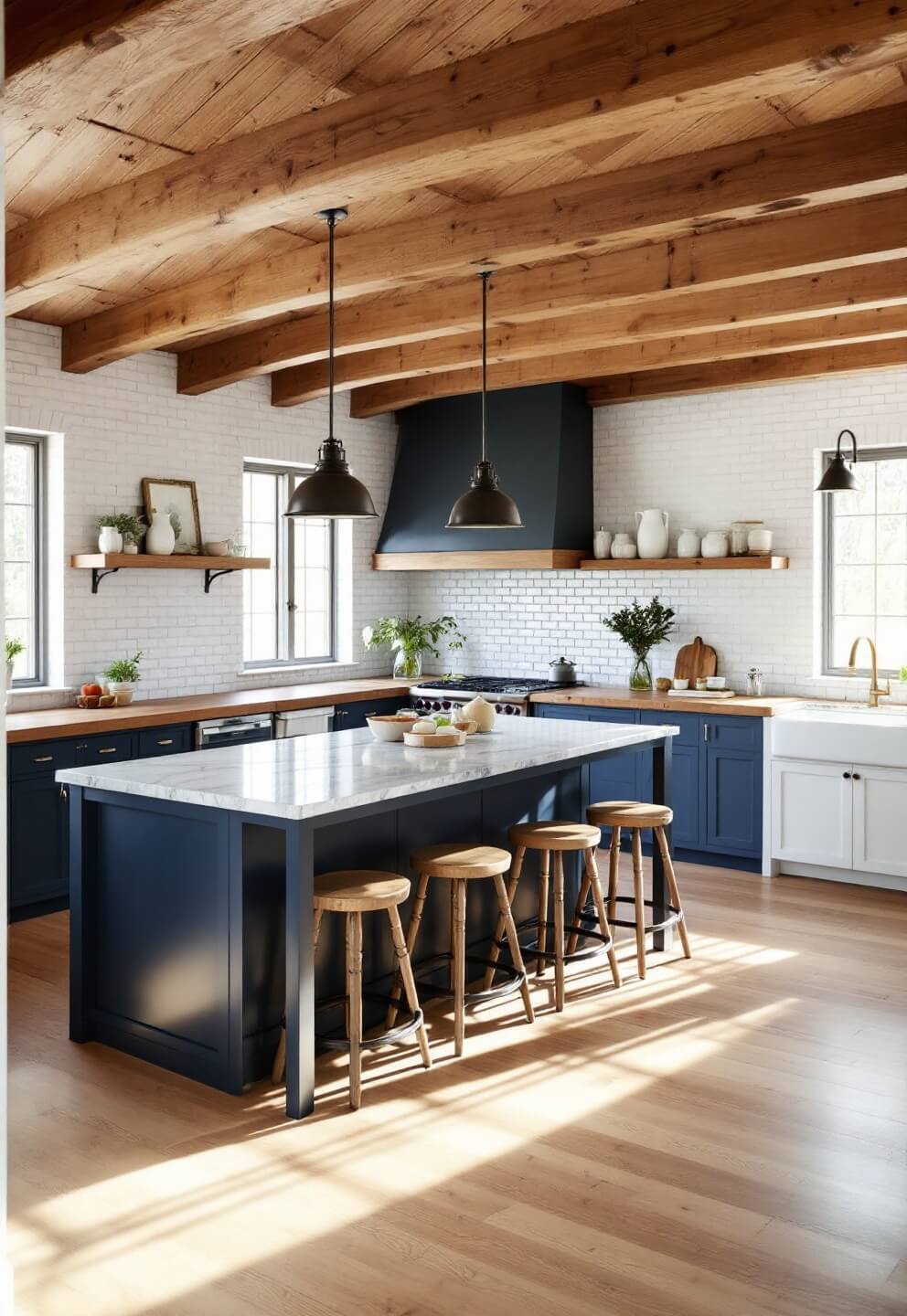 Spacious kitchen with exposed wooden beams, white-washed brick walls, navy blue island with marble top, and weathered oak bar stools.