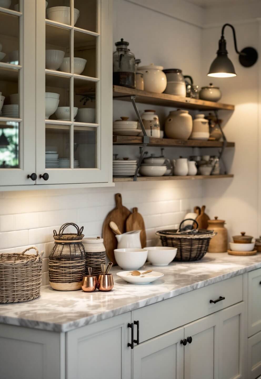 Twilight-lit country kitchen with cream-colored cabinets, vintage Pyrex bowls, ceramic mixing vessels on a marble pastry surface, flour-dusted surface, and copper measuring cups under soft task lighting.