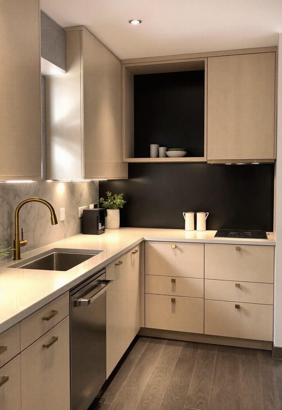 Golden hour lighting illuminates a contemporary 15x18ft L-shaped kitchen featuring a dramatic black accent wall, white oak cabinetry, limestone countertops with subtle veining, under-cabinet LED lighting and minimal brass hardware viewed from the entrance of the dining area.