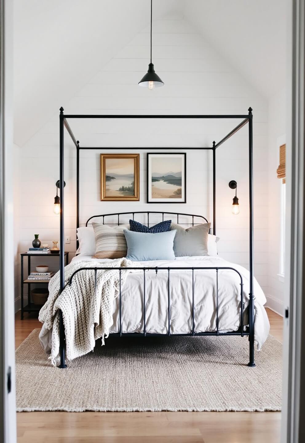 Master bedroom at dawn with a peaked ceiling, shiplap accent wall, mismatched oil paintings, and industrial lighting. Bed adorned with rumpled linen set on a bleached wooden floor with a jute rug.