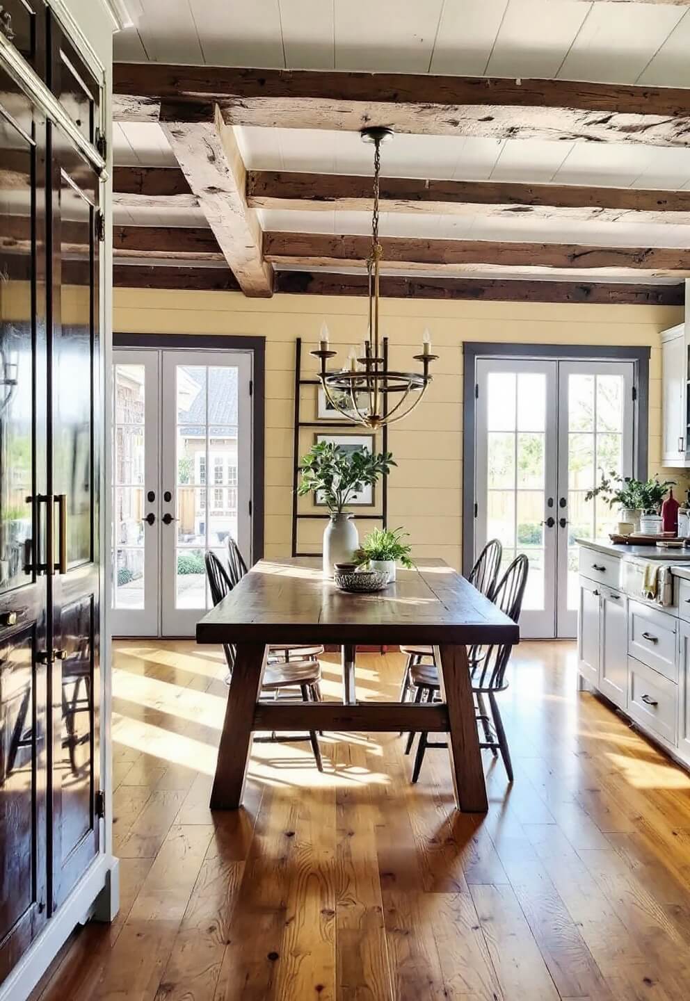 Spacious farmhouse kitchen-dining area with high shiplap ceilings, butter-yellow walls, barnwood table, modern Windsor chairs, brass chandelier, and storage solutions including a full-sized pantry and deep drawers; natural light pouring in through French doors leading to a kitchen garden.