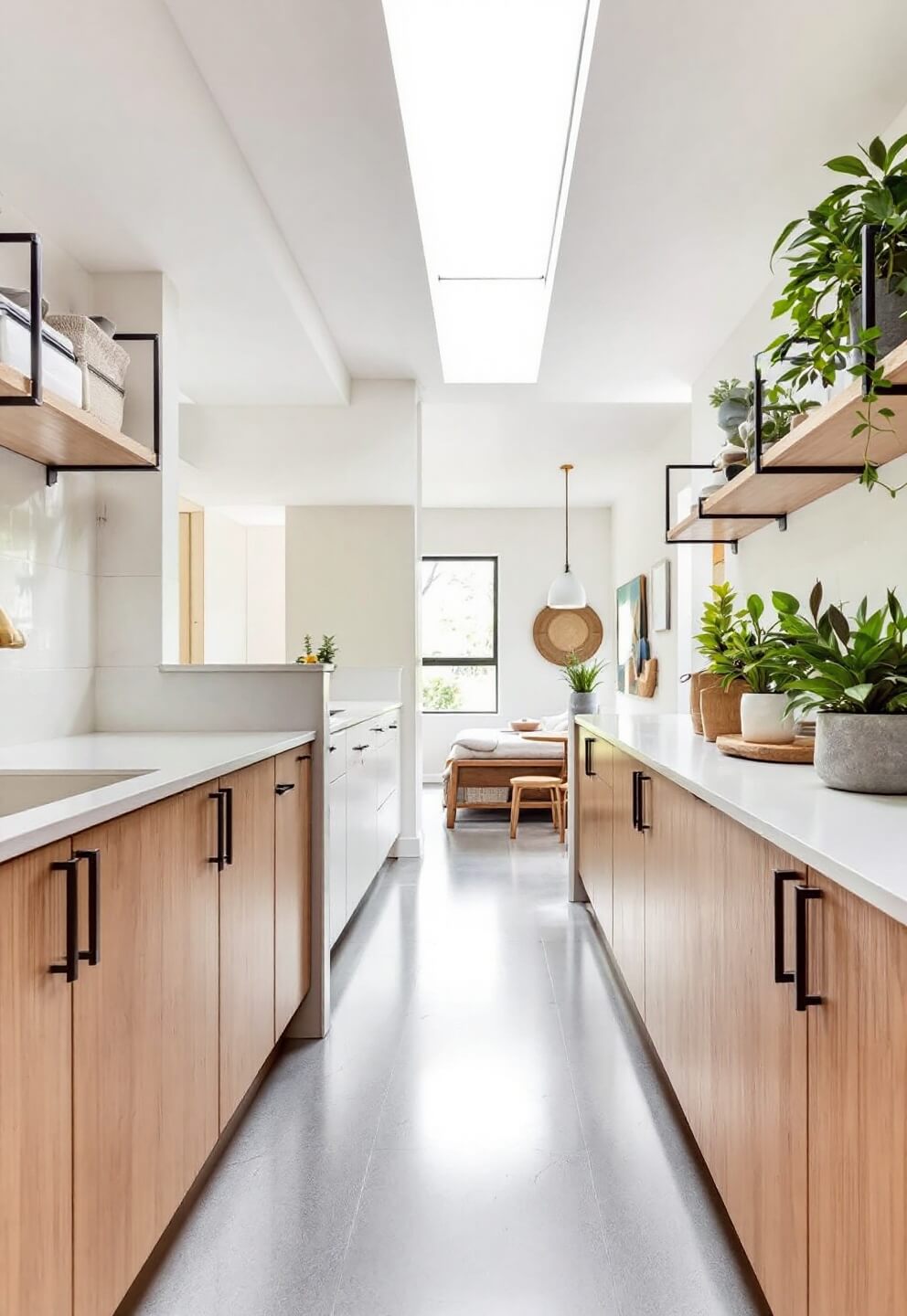 Symmetrical view of a 12x20ft galley kitchen with a skylight, black metal open shelving, floor-to-ceiling bleached oak storage, polished concrete floors, handcrafted matte white ceramic pendant lights and fresh greenery in stone vessels. The room reflects a diffused, natural light for a peaceful and organized atmosphere.