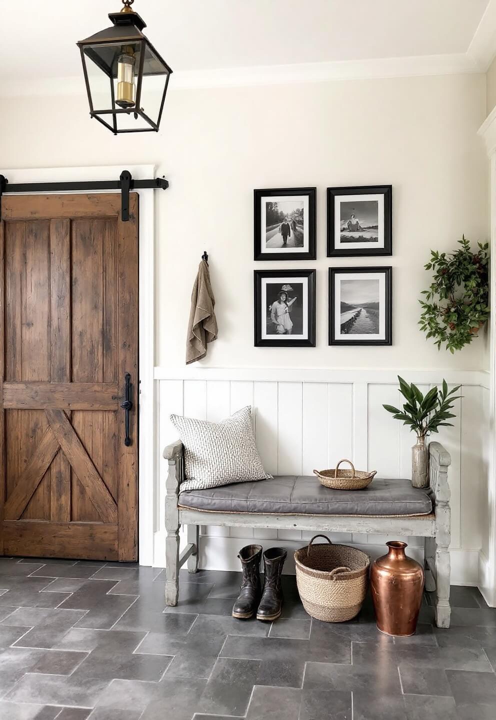 Welcoming entryway featuring creamy white board and batten walls, salvaged barn door, vintage church bench, gallery wall of photographs, brass lantern pendant, and slate tile flooring in herringbone pattern, styled with vintage copper vessels, boots, and market baskets