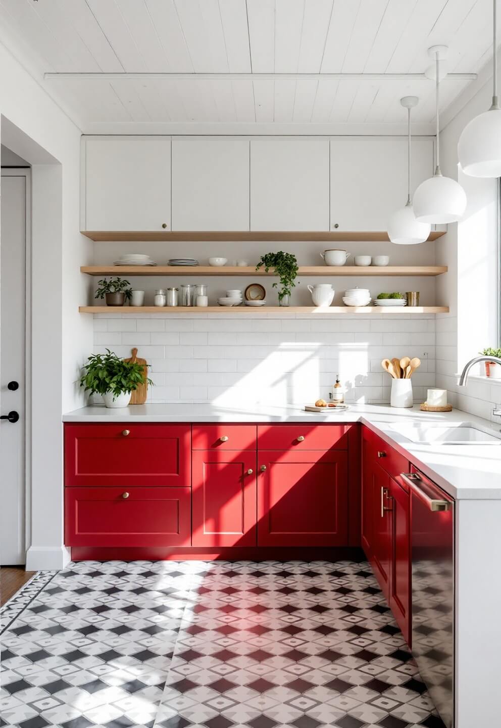 Scandinavian kitchen featuring tomato red lower cabinets, white upper cabinets, light birch countertops, and open shelving with minimal brushed nickel hardware. Brightly lit by modern white dome pendants with black and white geometric floor tiles under cool morning light.