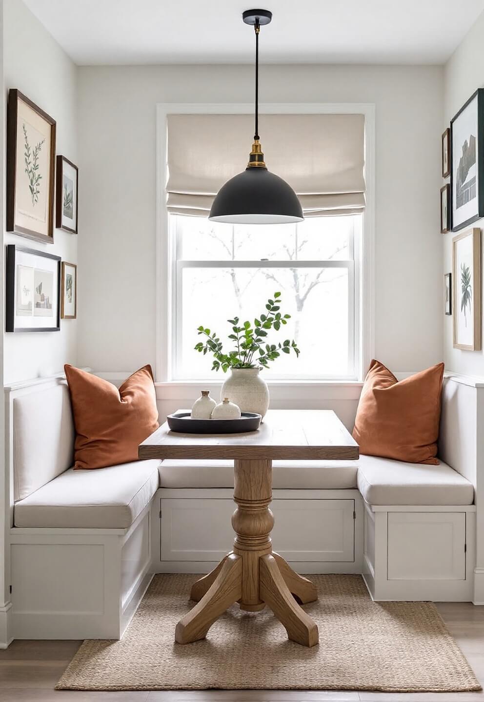 Light-filled breakfast nook in a small kitchen featuring built-in banquette, oak table, matte black pendant light, vintage botanical print and architectural sketch gallery, with natural flax linen Roman shade, adorned with earthenware pottery, worn leather cushions, and fresh eucalyptus.