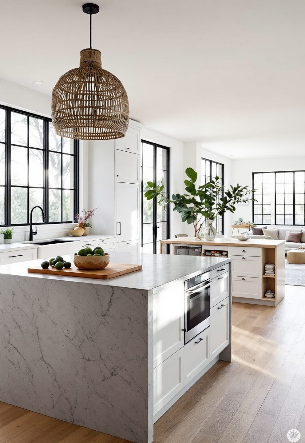 Spacious open-concept kitchen bathed in afternoon light, featuring a monolithic stone island with an integrated wooden cutting board, black steel-framed windows contrasting white walls, pull-out pantry systems in pale ash and a woven pendant light cluster, depicted from a wide angle shot showing flow from the living area.