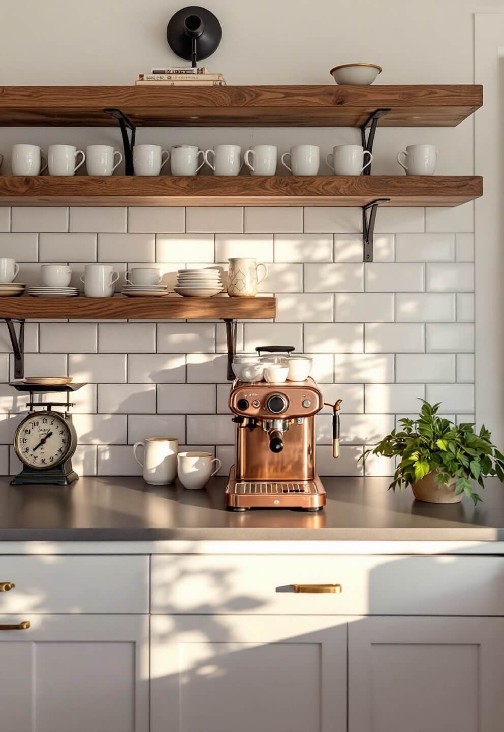 Close-up of a country-inspired coffee station at dawn, featuring white subway tiles, wooden shelves with stoneware mugs, copper espresso machine on soapstone counters, vintage scale for décor and warm under-cabinet lighting contrasting morning shadows.