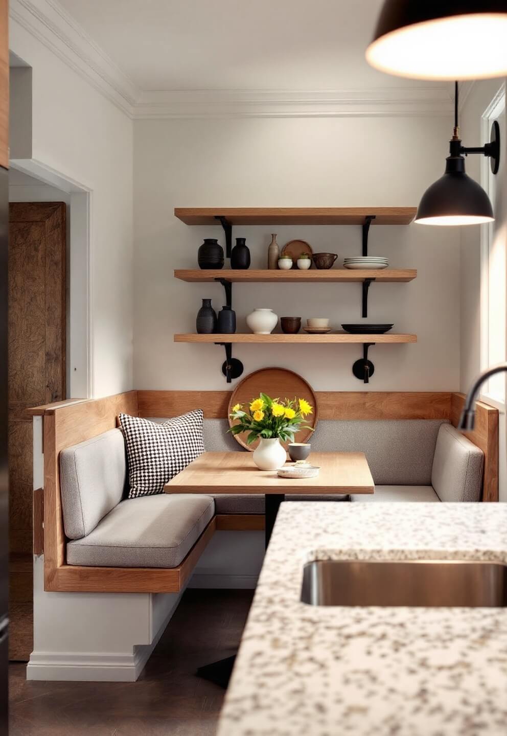 Compact kitchen with built-in banquette, oak table, pottery collection on floating shelves, matte black sconces, and terrazzo countertops under dusk lighting.