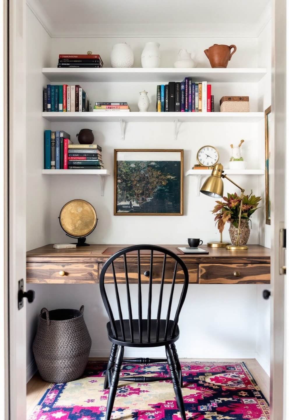 Cozy 8x10ft home office alcove with built-in warm white shelving, reclaimed wood desk with leather pad, matte black Windsor-style chair, vintage books and pottery on floating shelves, industrial aged brass lamp, styled with antique brass accessories, woven baskets, and vintage map art.